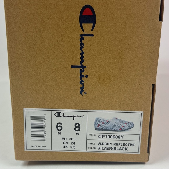 Champion Varsity Reflective Logo Silver / Black Fux Fur Slippers Unisex - Picture 10 of 10